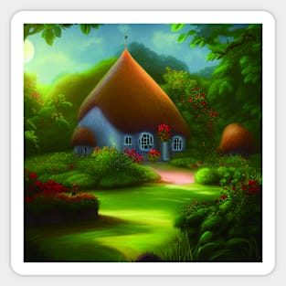 Fantasy House In a Greenery Scene, Fantasy Cottagecore artwork Sticker